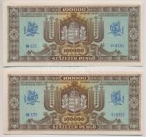 1945. 100.000P (4x) II. kiadás kék sorozat és sorszám, "M633" sorozat, közte közeli sorszá...