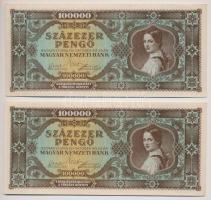 1945. 100.000P (4x) II. kiadás kék sorozat és sorszám, "M633" sorozat, közte közeli sorszá...