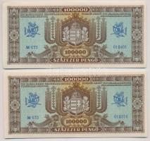 1945. 100.000P (4x) II. kiadás kék sorozat és sorszám, "M633" sorozat, közte közeli sorszá...