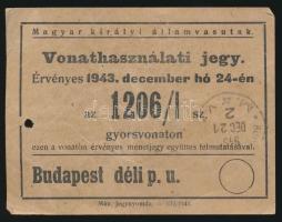 1943 Magyar Királyi Államvasutak gyorsvonatra szóló vonathasználati jegy