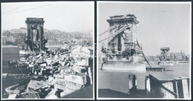 1945 Budapest, A felrobbantott Lánchíd, modern előhívás, 3 db, 12x12 cm