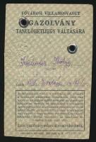 1952 Fővárosi Villamosvasút fényképes igazolványa tanulóhetijegy váltására