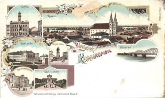 Komárom, Komárno; Városház, Állandó híd, Törvényszéki palota, Tiszti pavilon, Klapka szobor, Eszterházy pavilon. Schwidernoch Károly kiadása, floral, Art Nouveau litho (vágott / cut)