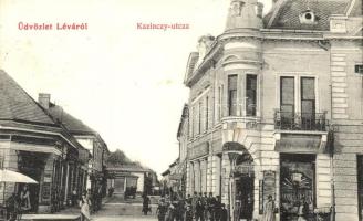 Léva, Levice; Kazinczy utca, Holzmann Bódog üzlete, üzletek / street view with shops  (EK)