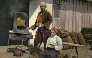 Ada Kaleh, Kávémérés, kávézó törökök a piacon / Turkish people making coffee, market, folklore (EK)