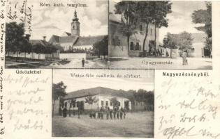 Nagyszécsény, Temesszécsény, Seceani; Római katolikus templom, Weisz-féle szálloda és sörkert, gyógyszertár / church, hatel and beer garden, pharmacy (EK)