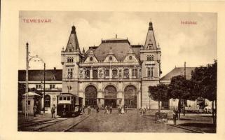 Temesvár, Timisoara; Indóház, vasútállomás, villamos / railway station, tram (EK)