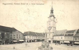 Nagyszombat, Trnava; Ferenc József tér, Városi torony, Trenker Alajos és Steinitz I. S. áruháza, színház / square, tower, shops, theatre