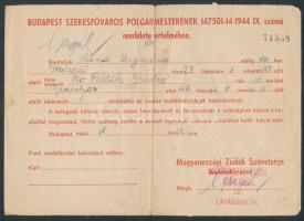 1944 Budapest, Lakás kiutaló rendelet, Magyarországi Zsidók Szövetsége Lakáshivatala pecséttel.