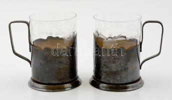 Jelzett szovjet,fém csészetartó ( 2db), csiszolt pohárral (2 db), m:9 cm (2×)