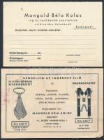 cca 1938 Bp. IV., Mangold Béla Kolos ing és nyakkendő-specialista úri divatáru üzletének 2 db szóról...