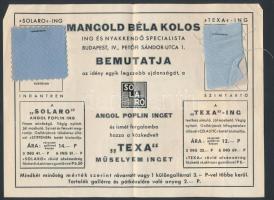 cca 1938 Bp. IV., Mangold Béla Kolos ing és nyakkendő-specialista úri divatáru üzletének 2 db szóról...