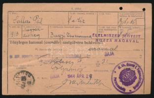 1944 Katonai behívó, Baja, M. Kir. Honvéd Folyamzár Ezred I. zászlóalj, 10x16 cm