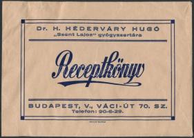 A budapesti Dr. H. Héderváry Hugó Szent Lajos Gyógyszertárának receptkönyvborítékja