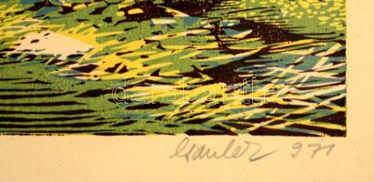 Csavlek András (1942-): Balatoni horgászok. Színes linómetszet, papír, jelzett, felcsavarva, 25×48 c...