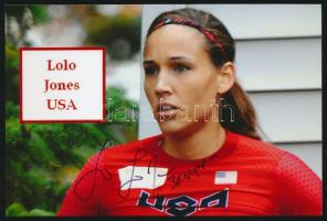 Lori Susan "Lolo" Jones (1982-) háromszoro olimpiai bajnok amerikai sprinter aláírása egy őt ábrázoló fotón, 10x15 cm./ autograph signature