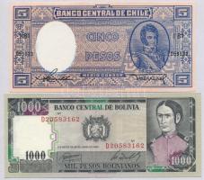 Bolívia 1982. 1000B + Chile 1947-1958. 5P (= 1/2C) T:I Bolivia 1982. 1000 Bolivianos + Chile 1947-1958. 5 Pesos (= 1/2 Condor) C:UNC Krause 167, 110