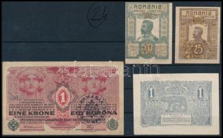 Románia 1915. 1L román felülbélyegzéssel + 1917. 25b + 50b + Magyarország 1916. 1K román felülbélyegzéssel T:III Romania 1915. 1 Leu with Romanian overprint + 1917. 25 Bani + 50 Bani + Hungary 1916. 1 Korona with Romania overprint C:F