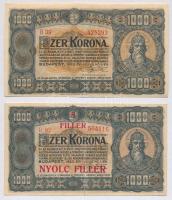 1923. 1000K "Magyar Pénzjegynyomda Rt. Budapest" + 1000K "8 FILLÉR - NYOLC FILLÉR" felülnyomással T:III szakadás