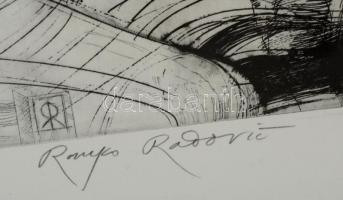 Ranko Radovic (1935-2005): Le chevalier 1988. Rézkarc, papír, jelzett, üvegezett keretben, 58×42 cm