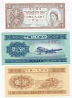 Kínai Népköztársaság 1953. 1f + 2f + Hong Kong 1971-1981. 1c T:I China / Peoples Republic 1953. 1 Fen + 2 Fen + Hong Kong 1971-1981. 1 Cent C:UNC Krause 860, 861, 325.b