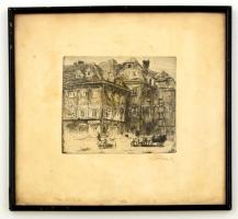 Oskar Stöessel (1879-1964): Bérház. Rézkarc, papír, üvegezett keretben, 9×11 cm