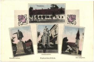 Kiskunlacháza, Városháza, Kossuth szobor, Hősök szobra, Református templom, virágos Art Nouveau díszítéssel