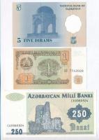 Vegyes: Azerbajdzsán 1992. 250M + Tádzsikisztán 1994. 1R + 1999 (2000). 5D T:I Mixed: Azerbaijan 1992. 150 Manat + Tajikistan 1994. 1 Ruble + 1999 (2000). 5 Diram C:UNC Krause 13, 1, 11