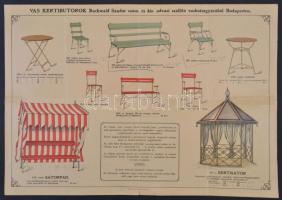 cca 1910 Buchwald Sándor vasállványú kerti bútorok nagyméretű színes litográf reklámnyomtatvány. Típ...