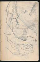 Jelzés nélkül: Vázlat füzet, kb 30 db skiccel, több helyen szakadással és folttal,  20×11 cm