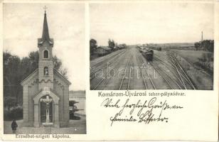 Komárom, Komárno; Újváros, teher-pályaudvar, vagonok, Erzsébet-szigeti kápolna, Sipos F. kiadása / cargo railway station, chapel (EK)