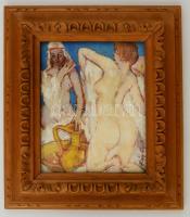 Fáy Győző (1918-2005): Betsabea. Olaj, falemez, jelzett, faragott fa keretben, 24×20 cm