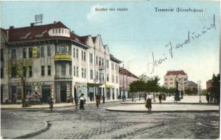 Temesvár, Timisoara; Józsefváros, Scudier tér, Krémer női divatáruháza, szalon, Martin Pál, Dolyeth Emil üzletei / square, ladies salon, shops (EK)