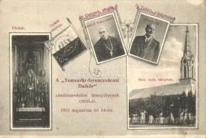 Temesvár, Timisoara; Ferenczvárosi Dalkör, Római katolikus templom és főoltára, belső, Dr. Csernoch püspök és Dr. Telbisz polgármester / Roman Catholic church, interior, choir flag inauguration, bishop, mayor, floral (fa)