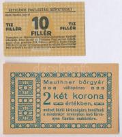 Újpest 1919. 2K váltópénz Mauthner bőrgyár + Budapest ~1920. 10f Általános Fogyasztási Szövetkezet, hátoldalon bélyegzéssel T:III,II