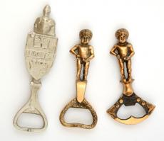 3 db  (2 db réz) fém figurás sörnyitő: Budapest címer lovaggal, pisilő kisfiú