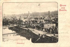 Zimony, Zemun, Semlin; Winterhafen / téli kikötő, gőzhajók / winter harbor, steamships (EK)