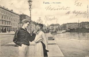 Fiume, Riva Szapáry / river, port, steamships, Grand Hotel Europe, K.u.K. Kriegsmarine, mariner flirting with lady in the foreground (EK)