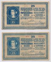 1918. 25K (4x) mind a négy sorozatszáma "3000" felett, kettő sima hátlappal, kettő hullámo...