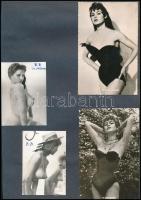 Brigitte Bardot erotikus fotói, és képeslapjai, 4 db, kartonlapra ragasztva, a hátoldalán Norma Gladys fotójával, összesen 5 db, különféle méretben.