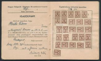 1943 Magyar Dolgozók Országos Hivatásszervezete Budapesti helyi szervezetének igazolványa, tagsági b...