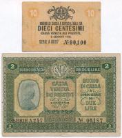 Olaszország / Velence / Osztrák-magyar megszállás 1918. 10c + 2L mindkettő alacsony sorszámmal T:III,III- Italy / Venice / Austro-Hungarian Occupation 1918. 10 Centesimi + 2 Lire both with low serial number C:F,VG Krause M2, M5