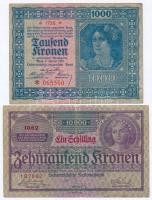 Ausztria 1922. 1000K + 1924. 10.000K 1sch felülbélyegzéssel T:III,III- Austria 1922. 1000 Kronen + 1924. 10.000 Kronen with 1 Schilling overprint C:F,VG Krause 78, 87