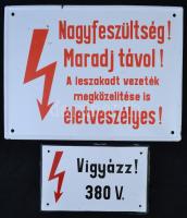 2 db nagyfeszültséges zománcozott fém tábla, különböző méretben