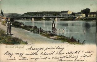 Lippa, Lipova; Maros híd, a folyóban fürdőző gyerekek / bridge, children bathing in the river (EK)