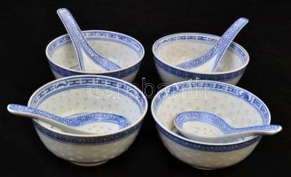 Kínai porcelán tétel: 4 db kékfestéses tálka, d: 11 cm + 4 db kékfestéses kanál, h: 13,5 cm, kézzel ...