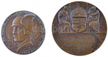 Sződy Szilárd (1878-1939) 1927. "Balatonaligai Tenniszverseny III. díj" Br díjérem (45mm) + 1934. "Pénzintézeti Sportegyletek Ligája 1912" egyoldalas Br díjérem "Scitovszky vándordíjas tenisz verseny" gravírozással, "LUDVIG" gyártói jelzéssel (37,5mm) T:2 patina