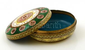 Zománc díszítésű fém doboz. D:7 cm Hibátlan