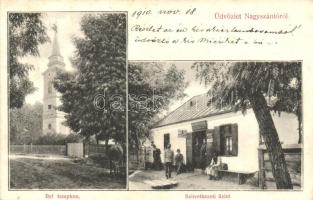 Nagyszántó, Santaul Mare; Református templom, Fogy. szövetkezeti üzlet és kiadása / church, cooperative shop (EK)