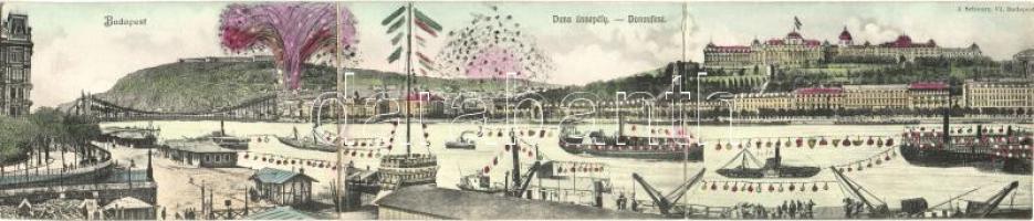 Budapest, Donaufest / Duna ünnepély, gőzhajók, tűzijáték; 3-lapos panorámalap, J. Schwarz kiadása